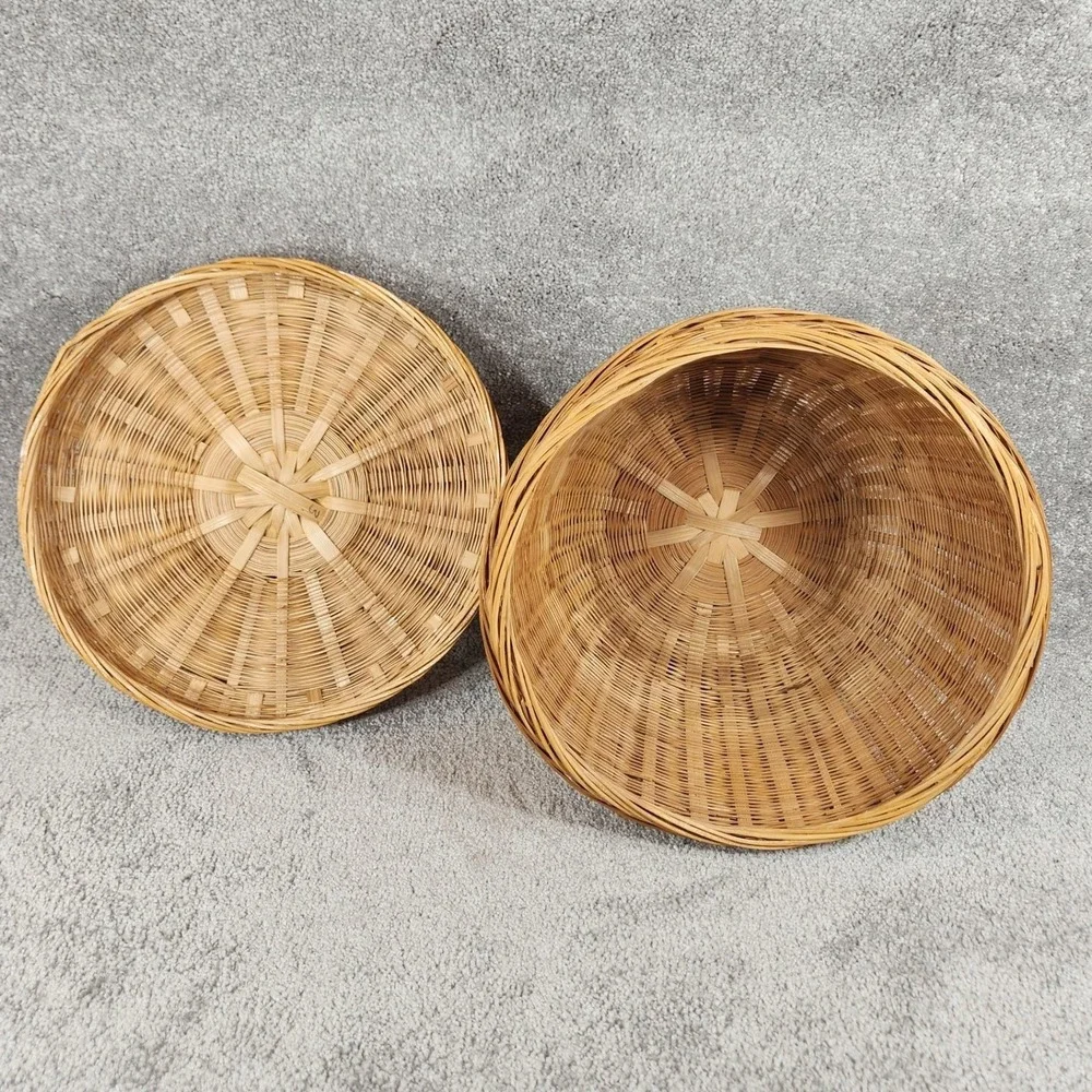 Woven Bamboo Basket Natural Tan Lidded Round Boho Storage Decor